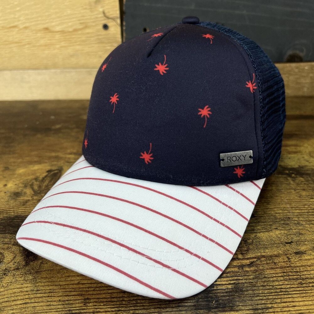 Roxy Palm Trees Red White Blue Stripes Snap Back Hat Baseball Mesh Trucker Cap